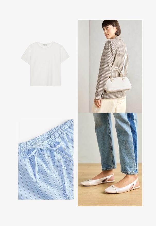 Balts īsām piedurknēm T-krekls, kas izgatavots no mīksta kokvilnas. Tam ir apaļš izgriezums un brīvs piegriezums. Tīrs dizains bez redzamām rakstiem vai akcentiem.; Gaiši zilas pidžamu šortos ar vertikālām svītrām un mazām atstarojošām studām. Elastīga jostasvieta ar regulējamu auklu.; Bālti rozā siksniņu dzīvokļi ar smailu purngalu, izgatavoti no gludas ādas līdzīgās materiāla. Iezīmē izgriezumu detaļas sānos un platu papēdi.; Balta strukturēta roku soma ar īsām rokturiem un plecu siksnu, ar zelta aparatūras akcentiem un strukturētu materiālu, izstādīta uz pelēka fona.