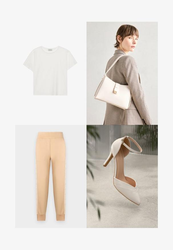 Balta trumpa rankovė T-marškiniai, pagaminti iš minkštos medvilnės. Charakterizuojami apvali kaklo iškirpte ir laisvu siluetu. Švarus dizainas be matomų raštų ar akcentų.; Kremo spalvos sportinės kelnės su sklandžiu tekstūru, turinčios siaurėjantį dizainą, elastinį juosmenį ir raštuotas šonines juostas.; Balti aukštakulniai bateliai iš lygios medžiagos su smailiu pirštu ir kulkšnies dirželiu. Yra šviesiai rudos spalvos vidus ir auksinės spalvos detalės.; Balto odos rankinė su struktūrizuotu dizainu, turinti magnetinį užsegimą ir petnešą, demonstruojama prieš neutralią foną.