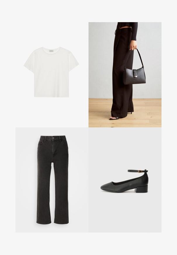 Valkoinen lyhythihainen T-paita, joka on valmistettu pehmeästä puuvillasta. Siinä on pyöreä kaula-aukko ja rento istuvuus. Siisti muotoilu ilman näkyviä kuvioita tai yksityiskohtia.; Musta leveälahkeinen farkut, joissa on etupainike, vyölenkit ja viisi taskua, hieman haalistuneella pinnalla.; Mustat nahkakengät, joissa on terävä kärki ja matala lohkare korko. Varustettu nilkkahihnalla, jossa on kultasävyinen solki. Lisää sileä pinta.; Musta käsilaukku, jossa on rakenteellinen muoto, sileä pinta ja metallinen solki. Yhdistetty leveisiin mustiin housuihin ja avonaiheisiin sandaaleihin puulattialla.