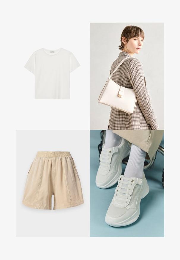 White short-sleeve T-shirt made of soft cotton. Features a round neckline and relaxed fit. Clean design with no visible patterns or accents.; Beige elastic waist shorts with side pockets and visible seam lines, made from lightweight fabric.; White sneakers featuring a mesh material, rubber sole, lace-free design with elastic bands, and gold-toned accents.; White leather handbag with a structured design, featuring a magnetic clasp and a shoulder strap, showcased against a neutral background.