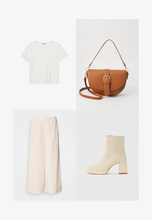 Bela kratkotrajna majica s kratkimi rokavi, narejena iz mehke bombažne tkanine. Ima okroglo ovratnico in sproščen kroj. Čist dizajn brez vidnih vzorcev ali akcentov.; Kremne široke hlače z elastičnim pasom, ki imajo sproščen kroj in gladko teksturo, primerne za vsakodnevno nošenje.; Bež usnjena gležnjarica z blok peto in platformo, gladka površina in rahlo kvadratni prst, obrnjena levo na belem ozadju.; Rjava usnjena torbica prek telesa s ukrivljeno obliko, zlate opreme in sponko. Ima odstranljiv naramni trak.