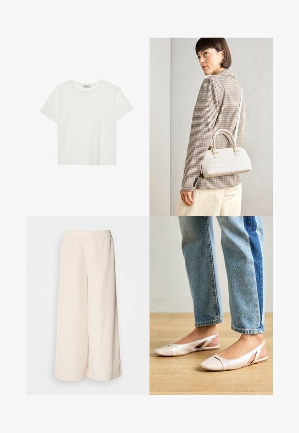 T-shirt blanc à manches courtes en coton doux. Présente un col rond et une coupe décontractée. Design épuré sans motifs ni accents visibles.; Pantalons larges crème avec une taille élastique, présentant une coupe décontractée et une texture lisse, adaptés pour un usage décontracté.; Ballerines slingback rose pâle avec un bout pointu, fabriquées en un matériau semblable au cuir lisse. Présentent des découpes sur les côtés et un talon plat.; Sac à main structuré blanc avec de courtes poignées et une bandoulière, doté de accents en métal doré et d'un matériau texturé, présenté sur un fond gris.