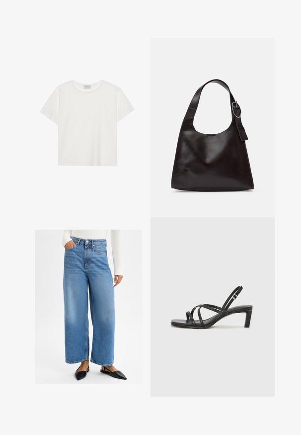 Witte T-shirt met korte mouwen, gemaakt van zachte katoen. Heeft een ronde halslijn en een relaxte pasvorm. Schoon ontwerp zonder zichtbare patronen of accenten.; Lichtblauwe denim wijde jeans met een hoge taille, vijf zakken en metalen knoopsluiting. Soepele textuur en casual pasvorm.; Zwarte sandaal met bandjes, vierkante teen en een lage blokhak. Voorzien van meerdere dunne bandjes en een verstelbare enkelband. Gemaakt van zacht leer.; Bruine lederen schoudertas met een gladde textuur, ronde vorm, brede strap en een cirkelvormig metallic accent op de handgreep.