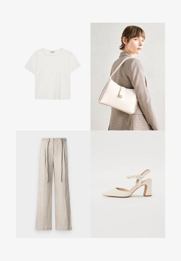 Hvid kortærmet T-shirt lavet af blødt bomuld. Har en rund halsudskæring og en afslappet pasform. Rent design uden synlige mønstre eller accenter.; Bredbeinede bukser i lyse beige linned med høj talje, frontplisseringer og en bundet bælte detalje. Glat tekstur og afslappet pasform.; Spidsede, cremefarvede pumps med en blokhælhæl. Udstyret med en tynd ankelrem med en rund spænde og en glat læderoverflade.; Hvid læder håndtaske med en struktureret design, der har en magnetlukning og en skulderrem, præsenteret mod en neutral baggrund.