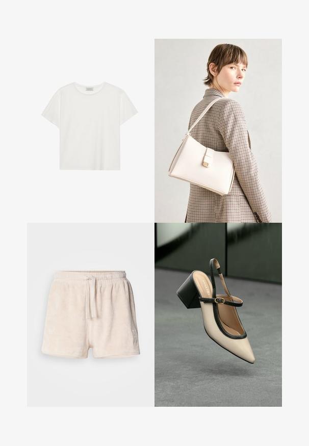 Tricou alb cu mânecă scurtă, made din bumbac moale. Are un guler rotund și o croială lejeră. Design curat, fără modele sau accente vizibile.; Shorts din fleece de culoare crem, cu un tiv elastic, închidere cu șnur și detalii brodate în partea stângă jos. Material moale, texturat.; Pantof divers în nuanță bej, cu vârf ascuțit, curea de susținere în spate, cu margine neagră, cataramă aurie și toc gros pe un podea gri, cu un fundal verde închis.; Geantă de mână din piele albă cu un design structurat, având o închidere magnetică și un breteau, expusă pe un fundal neutru.