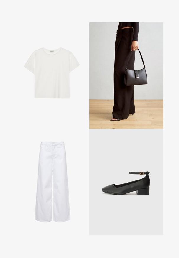 Bílé tričko s krátkým rukávem vyrobené z měkké bavlny. Má kulatý výstřih a volný střih. Čistý design bez viditelných vzorů nebo akcentů.; Bílé široké kalhoty vyrobené z bavlny, s pevně strukturovaným pasem a předními kapsami. Hladká textura s čistým, minimalistickým designem.; Černé kožené lodičky s špičatou špičkou a nízkým blokovým podpatkem. Obsahují pásek kolem kotníku se zlatou sponou. Hladký povrch.; Černá kabelka se strukturovaným tvarem, hladkým povrchem a kovovým uzávěrem. Kombinována s širokými černými kalhotami a sandály s otevřenou špičkou na dřevěné podlaze.