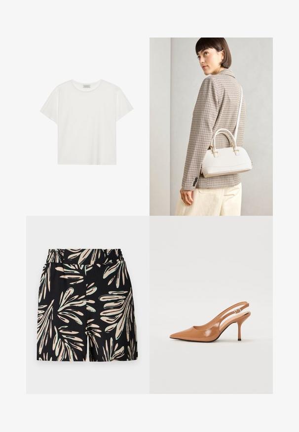 White short-sleeve T-shirt made of soft cotton. Features a round neckline and relaxed fit. Clean design with no visible patterns or accents.; Black shorts featuring a leafy pattern in light beige and mint green, with a textured fabric and elastic waistband.; Pointed toe slingback heel in a smooth, glossy tan material. Features a curved cutout design and a slender stiletto heel. Silver buckle detail.; White structured handbag with short handles and a shoulder strap, featuring gold hardware accents and textured material, displayed against a grey background.