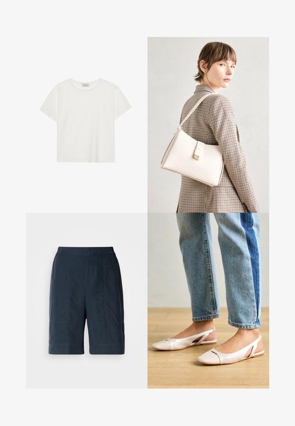 Bijela kratkodlaka majica od mekog pamuka. Ima okrugli izrez i opušteni kroj. Čist dizajn bez vidljivih uzoraka ili akcenata.; Tamnoplave kratke hlače od lagane tkanine, s ravnim krojem, dva prednja džepa i diskretnim detaljima u šavovima.; Svijetlo ružičaste slingback balerinke s šiljastim vrhom, izrađene od glatkog materijala nalik koži. Sadrže izrezane detalje sa strane i ravnu petu.; Bijela kožna torba s čvrstim dizajnom, s magnetskim kopčanjem i remenom za rame, prikazana na neutralnoj pozadini.