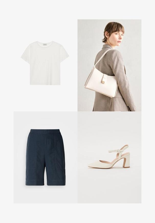 Fehér, rövid ujjú póló, puha pamutból készült. Kerek nyakkivágással és laza szabással rendelkezik. Tiszta dizájn, látható minták vagy díszítések nélkül.; Sötétkék rövidnadrág, könnyű anyagból, egyenes szabással, két elülső zsebbel és diszkrét varrási részletekkel.; Hegyes orrú, krémszínű magassarkú cipő, tömbsarkúval. Jellemzője egy vékony bokaheveder kerek csattal és sima bőrszerkezet.; Fehér bőr táska strukturált dizájnnal, mágneses záródással és vállpánttal, semleges háttér előtt bemutatva.