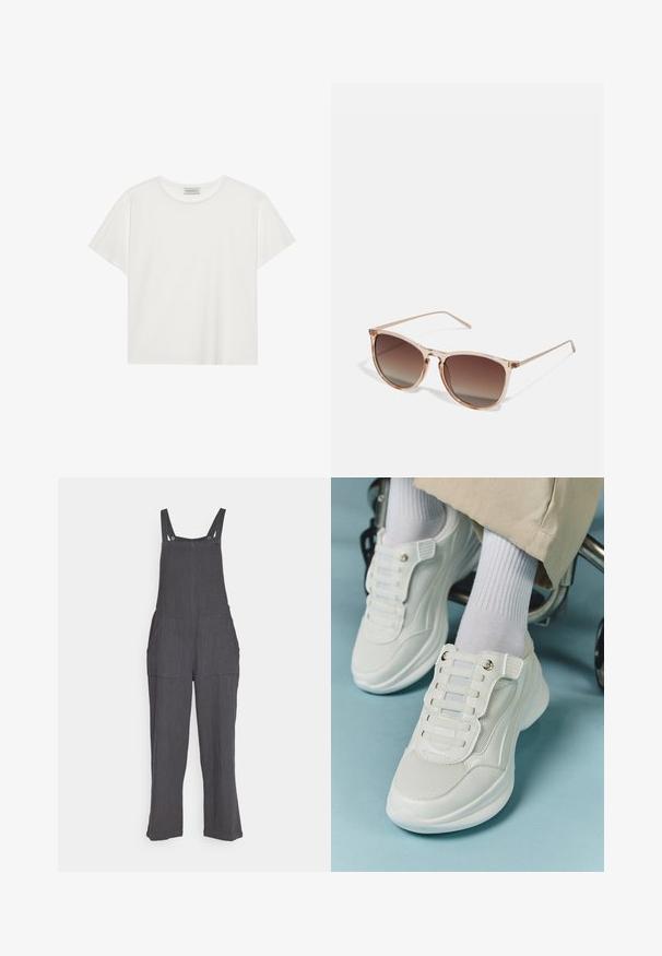 White short-sleeve T-shirt made of soft cotton. Features a round neckline and relaxed fit. Clean design with no visible patterns or accents.; Gray linen overalls with wide legs, adjustable straps, and two large front pockets. Features a textured fabric and snap fasteners.; White sneakers featuring a mesh material, rubber sole, lace-free design with elastic bands, and gold-toned accents.; Brown gradient sunglasses with a translucent pink frame, square shape, and thin metal arms. Features rounded edges and minimal detailing.