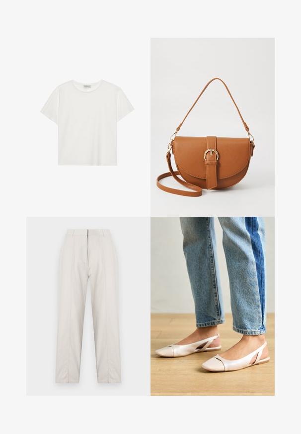 Hvid kortærmet T-shirt lavet af blødt bomuld. Har en rund halsudskæring og en afslappet pasform. Rent design uden synlige mønstre eller accenter.; Cremefarvede bukser med lige ben-design, der har frontfold-detaljer, to sidelommer og en mellemhøj talje.; Lyserøde slingback flade sko med spidse tær, lavet af et glat læderlignende materiale. Har udskæringsdetaljer på siderne og en flad hæl.; Brun læder crossbody taske med en buet form, guldfarvet hardware og en spændeaccent. Har en aftagelig skulderrem.