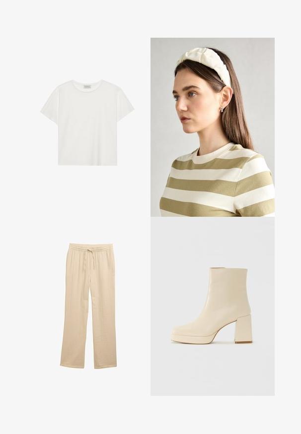 Valge lühikeste varrukatega t-särk, mis on valmistatud pehmest puuvillast. Omab ümmargust kaelust ja mugavat lõiget. Puhtad jooned, ilma nähtavate mustrite või aktsentideta.; Bežid laiad püksid, mis on valmistatud tekstureeritud kangast, elastse vöökoha ja reguleeritava nööriga sobivuse jaoks.; Beige nahkaste kõrged saapad plokknõelaga ja platvormpõhjaga, siledat viimistlust ja kergelt ruudukujulist varvatoe, vasakul valgel taustal.; Kreemjas pehmendusega peapael, millel on keerutatud disain, koos beeži ja valge triibulise särgiga, millel on ümar kaelus. Diskreetne ehtedisain.