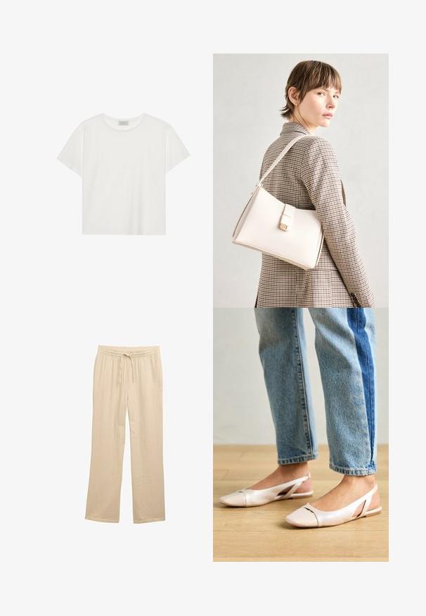 Bijela kratkodlaka majica od mekog pamuka. Ima okrugli izrez i opušteni kroj. Čist dizajn bez vidljivih uzoraka ili akcenata.; Bež hlače širokih nogavica napravljene od teksturirane tkanine, s elastičnim pojasom i vezicom za prilagodljivo pristajanje.; Svijetlo ružičaste slingback balerinke s šiljastim vrhom, izrađene od glatkog materijala nalik koži. Sadrže izrezane detalje sa strane i ravnu petu.; Bijela kožna torba s čvrstim dizajnom, s magnetskim kopčanjem i remenom za rame, prikazana na neutralnoj pozadini.