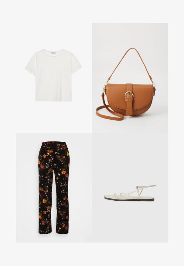White short-sleeve T-shirt made of soft cotton. Features a round neckline and relaxed fit. Clean design with no visible patterns or accents.; Floral print wide-leg pants in black, featuring multicolored flowers, an elastic waistband, and a smooth fabric texture.; Beige flat sandal with multiple slender straps and an adjustable buckle. The sole is flat with a slight dark contrast at the edge.; Brown leather crossbody bag with a curved shape, gold hardware, and a buckle accent. Features a detachable shoulder strap.