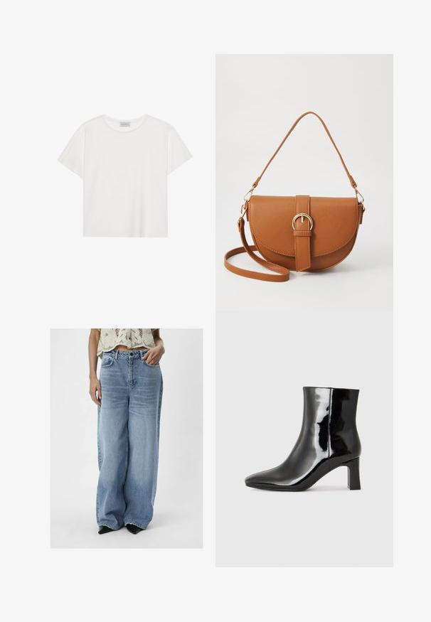 White short-sleeve T-shirt made of soft cotton. Features a round neckline and relaxed fit. Clean design with no visible patterns or accents.; Light blue wide-leg jeans made of denim, featuring a high waist, front pockets, and a slightly faded wash. Paired with pointed heels.; Black patent leather ankle boot with a pointed toe and a mid-height block heel. Smooth texture and minimalist design.; Brown leather crossbody bag with a curved shape, gold hardware, and a buckle accent. Features a detachable shoulder strap.