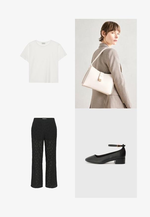 White short-sleeve T-shirt made of soft cotton. Features a round neckline and relaxed fit. Clean design with no visible patterns or accents.; Black lace trousers featuring a patterned design, wide legs, and a soft waistband, with sheer sections for added texture.; Black leather pump with a pointed toe and a low block heel. Features an ankle strap with a gold-tone buckle. Smooth texture.; White leather handbag with a structured design, featuring a magnetic clasp and a shoulder strap, showcased against a neutral background.