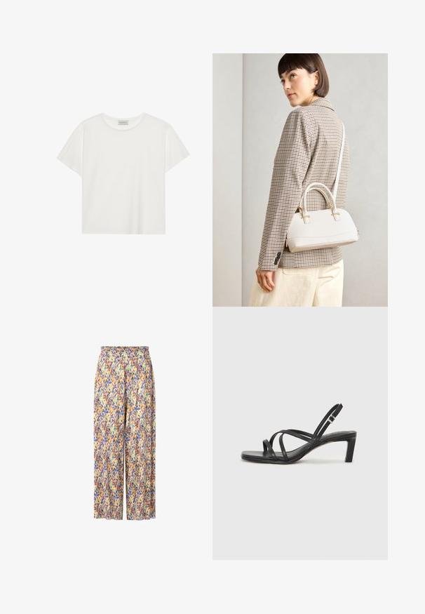 Bílé tričko s krátkým rukávem vyrobené z měkké bavlny. Má kulatý výstřih a volný střih. Čistý design bez viditelných vzorů nebo akcentů.; Květinové široké kalhoty s elastickým pasem. Barvy zahrnují žlutou, fialovou, modrou a zelenou v designu rozstříknutí.; Černé sandály na tenkém podpatku se čtveratou špičkou a nízkým blokovým podpatkem. Mají několik tenkých popruhů a nastavitelné zapínání okolo kotníku. Vyrobeny z hladké kůže.; Bílá strukturovaná kabelka s krátkými uchy a ramenním popruhem, zdobená zlatými kovovými prvky a texturovaným materiálem, vystavená na šedém pozadí.