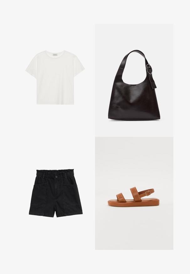 Biała koszulka z krótkim rękawem wykonana z miękkiej bawełny. Posiada okrągły dekolt i luźny krój. Czysty design bez widocznych wzorów czy akcentów.; Czarne szorty dżinsowe z elastycznym pasem, dwoma kieszeniami z przodu i widocznym szwem. Funkcjonalny detal guzika z przodu.; Brązowe skórzane sandały z dwoma szerokimi pasekami i paskiem z tyłu, z płaską podeszwą z delikatnym detalem stębnowania i metalowym zapięciem.; Brązowa skórzana torba na ramię o gładkiej teksturze, zaokrąglonym kształcie, szerokim pasku i okrąłym metalowym akcentem na uchwycie.