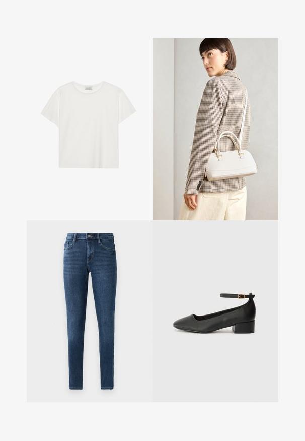 Camiseta blanca de manga corta hecha de suave algodón. Presenta un escote redondo y un corte relajado. Diseño limpio sin patrones o acentos visibles.; Vaqueros ajustados de mezclilla azul oscuro con un clásico diseño de cinco bolsillos, cierre frontal con botón y detalles de costura sutiles. Textura suave en toda su extensión.; Zapato de tacón negro de cuero con punta afilada y tacón bajo cuadrado. Presenta una correa para el tobillo con una hebilla en tono dorado. Textura suave.; Bolso estructurado blanco con asas cortas y una correa para el hombro, que presenta detalles en dorado y material texturizado, exhibido sobre un fondo gris.