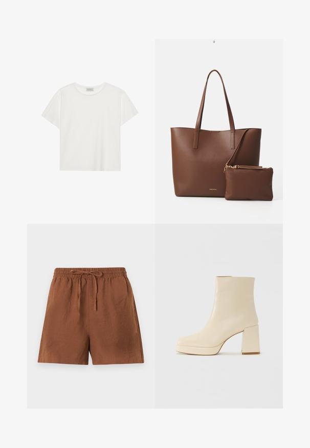 Weißes T-Shirt mit kurzen Ärmeln aus weicher Baumwolle. Verfügt über einen runden Halsausschnitt und eine lockere Passform. Sauberes Design ohne sichtbare Muster oder Akzente.; Braune, leichte Shorts mit elastischem Bund und Kordelzug. Sie haben eine lockere Passform und eine glatte Textur, die sich gut für die Freizeitkleidung eignet.; Beige Leder-Stiefelette mit Blockabsatz und Plateau-Sohle, glatte Oberfläche und leicht quadratische Zehenpartie, nach links auf weißem Hintergrund.; Braune Handtasche aus Kunstleder mit zwei langen Griffen und einem passenden kleinen Beutel. Die Oberfläche weist ein strukturiertes Muster und goldene Hardware-Akzente auf.