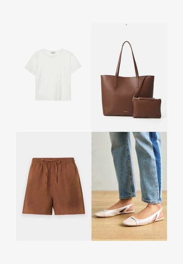 White short-sleeve T-shirt made of soft cotton. Features a round neckline and relaxed fit. Clean design with no visible patterns or accents.; Brown, lightweight shorts with an elastic waistband and drawstring. Features a loose fit and smooth texture, suitable for casual wear.; Pale pink slingback flats with a pointed toe, made from a smooth leather-like material. Features cut-out details at the sides and a flat heel.; Brown faux leather tote bag with two long handles and a matching small pouch. The surface features a textured pattern and gold hardware accents.