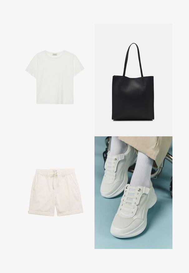 Witte T-shirt met korte mouwen, gemaakt van zachte katoen. Heeft een ronde halslijn en een relaxte pasvorm. Schoon ontwerp zonder zichtbare patronen of accenten.; Lichtbeige shorts van katoen, met een elastische tailleband, voorzakken en opgerolde manchetten. Eenvoudige, geweven stof en een koordsluiting.; Witte sneakers met een mesh materiaal, rubberen zool, vetersloze uitvoering met elastische banden en gouden accenten.; Zwarte leren handtas met een gladde textuur, rechthoekige vorm en twee lange handvaten. Geen zichtbare hardware of versieringen.