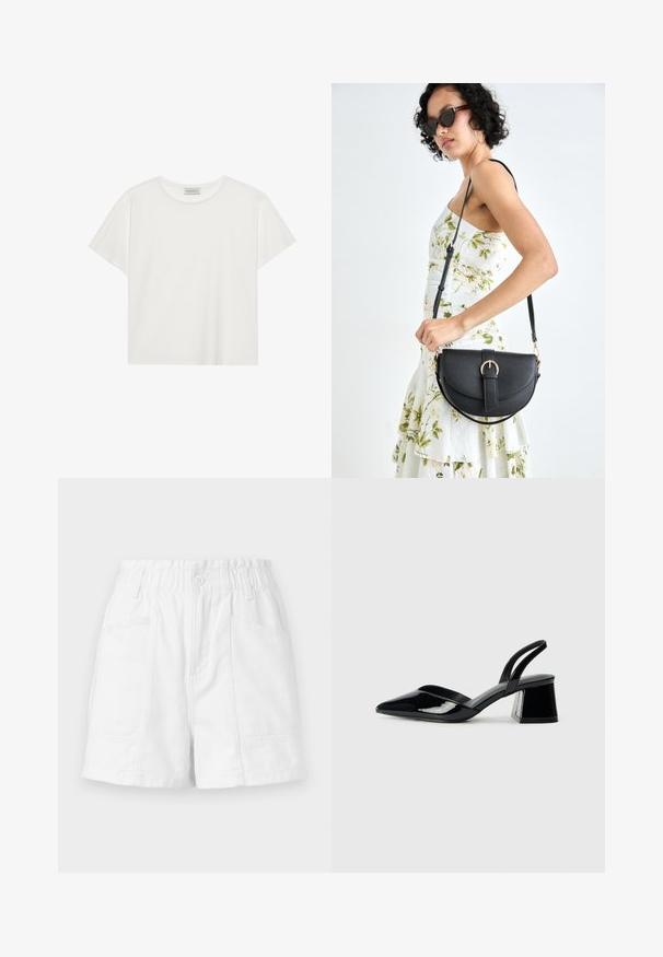 Valge lühikeste varrukatega t-särk, mis on valmistatud pehmest puuvillast. Omab ümmargust kaelust ja mugavat lõiget. Puhtad jooned, ilma nähtavate mustrite või aktsentideta.; Valged puuvillased lühikesed püksid elastse vöökohaga, millel on ees nupp, kaks küljetaskut ja puhas, lihtne disain.; Mustad musta lakknahk kingad, millel on terav varvas ja geomeetriline plokkkonts. Omab elegantselt minimalistlikku disaini ja sujuvat tekstuuri.; Mustmust mustraha kõverate joontega, eemaldatava rihmaga ja kuldsete detailidega. Kotil on klapp, millel on pandladetail.