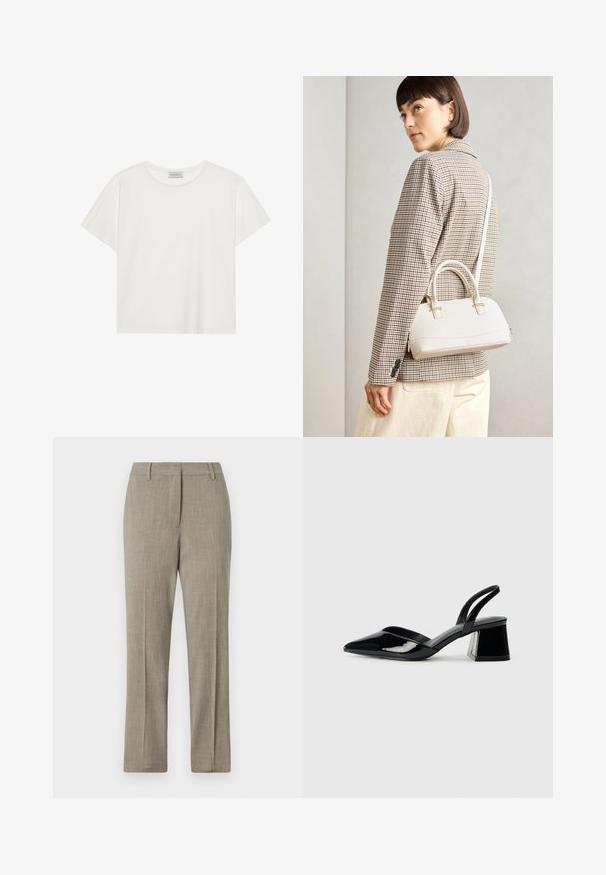 Balts īsām piedurknēm T-krekls, kas izgatavots no mīksta kokvilnas. Tam ir apaļš izgriezums un brīvs piegriezums. Tīrs dizains bez redzamām rakstiem vai akcentiem.; Gai pelēki pielāgoti bikses ar teksturētu audumu, taisnu kāju piegriezumu un klasisku jostasvietu. Satur smalkus svītrainus akcentus.; Melna lakota āda ar atvērto papēdi, ar smailu purngalu un ģeometrisku blokpapēdi. Iezīmējas elegants, minimāls dizains un gluda tekstūra.; Balta strukturēta roku soma ar īsām rokturiem un plecu siksnu, ar zelta aparatūras akcentiem un strukturētu materiālu, izstādīta uz pelēka fona.