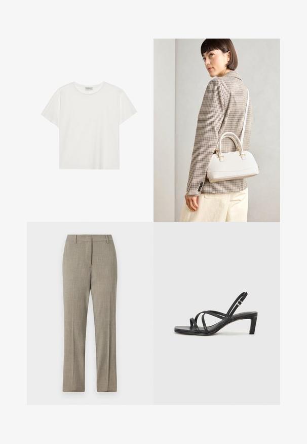 Bela kratkotrajna majica s kratkimi rokavi, narejena iz mehke bombažne tkanine. Ima okroglo ovratnico in sproščen kroj. Čist dizajn brez vidnih vzorcev ali akcentov.; Svetlo sivi krojeni hlače z teksturiranim materialom, ravno krojenim nogavicami in klasičnim pasom. Vsebujejo diskretne črtaste detajle.; Črne natikače s trakovi in kvadratnim prstom ter nizkim blokastim peto. Imajo več tankih trakov in nastavljiv trak okoli gležnja. Narejene so iz gladkega usnja.; Bela strukturirana torba z kratkimi ročaji in naramnim trakom, z zlatimi okrasnimi elementi in teksturiranim materialom, prikazana na sivi podlagi.