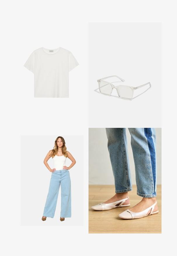 Balts īsām piedurknēm T-krekls, kas izgatavots no mīksta kokvilnas. Tam ir apaļš izgriezums un brīvs piegriezums. Tīrs dizains bez redzamām rakstiem vai akcentiem.; Gaiši zili platajām biksēm ar augstu jostasvietu, izgatavotām no džinsa, ir pogu un rāvējslēdzēja aizdare, apvienotas ar pieguļošu baltu topu.; Bālti rozā siksniņu dzīvokļi ar smailu purngalu, izgatavoti no gludas ādas līdzīgās materiāla. Iezīmē izgriezumu detaļas sānos un platu papēdi.; Caursplūstošas kvadrātveida brillēs ar caurspīdīgiem lēcām, ar zelta akcentiem uz tempļiem, lai pievienotu detaļas.