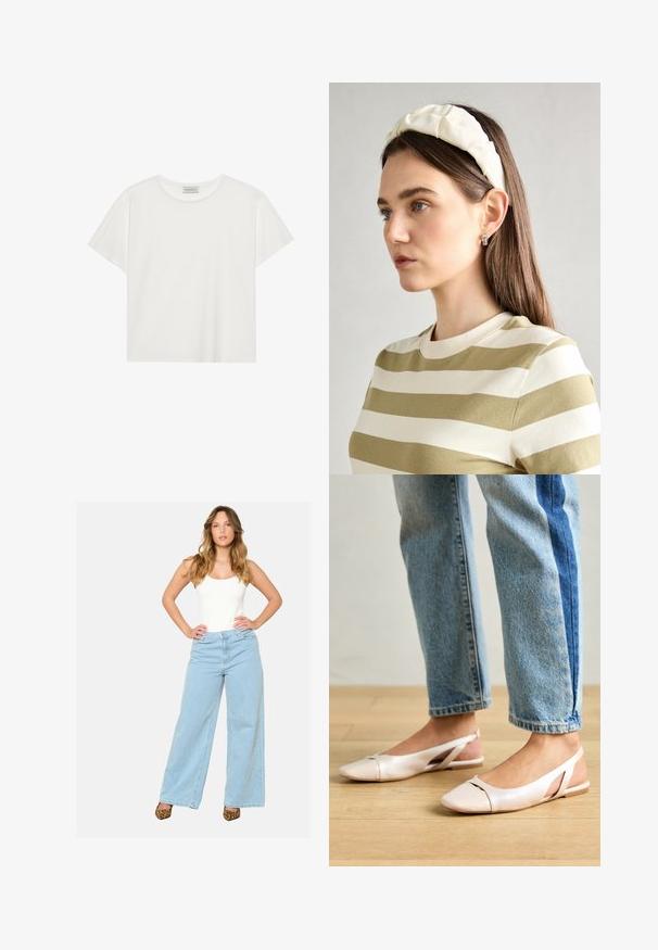 Balta trumpa rankovė T-marškiniai, pagaminti iš minkštos medvilnės. Charakterizuojami apvali kaklo iškirpte ir laisvu siluetu. Švarus dizainas be matomų raštų ar akcentų.; Šviesiai mėlynos plačios kojų džinsai su aukštu liemeniu, pagaminti iš džinsinio audinio, turi mygtuko ir užtrauktuko uždarymą, derinami su prigludusia balta marškinėlių viršūne.; Šviesiai rožiniai slingback baleto bateliai su smailiu pirštu, pagaminti iš lygios odai panašios medžiagos. Yra išpjovimų detalės šonuose ir plokščias kulnas.; Kremo spalvos paminkštinta galvos juosta su suktiniu dizainu, derinama su smėlio ir baltos spalvos juostelėmis marškiniais, turinčiais apvalų iškirpimą. Subtilūs papuošalų akcentai.