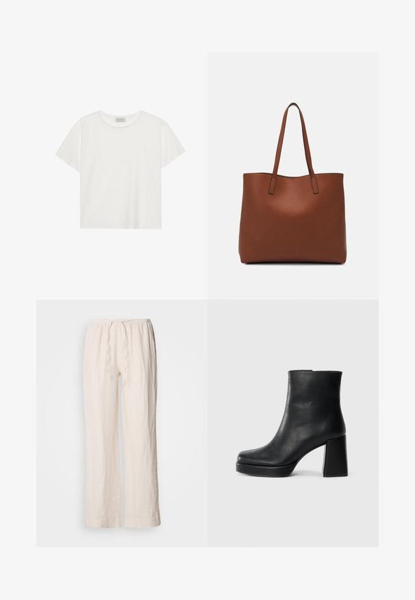 Tricou alb cu mânecă scurtă, made din bumbac moale. Are un guler rotund și o croială lejeră. Design curat, fără modele sau accente vizibile.; Pantaloni din in, într-o nuanță deschisă de bej, cu croială largă, talie elastică și detalii cu șnur. Prezintă o suprafață texturată, ușor plisată.; Botină din piele neagră, cu toc pătrat și talpă platformă, văzută din lateral pe un fundal alb simplu.; Geantă de umăr din piele maro cu o textură netedă, design cu vârf deschis și două curele pentru umăr. Prezintă cusături minime și fără componente metalice vizibile.