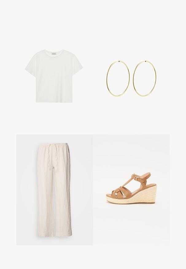White short-sleeve T-shirt made of soft cotton. Features a round neckline and relaxed fit. Clean design with no visible patterns or accents.; Linen, light beige wide-leg pants with an elastic waistband and drawstring detail. Features a textured, slightly wrinkled surface.; Tan wedge sandals featuring a cross-strap design, adjustable ankle buckle, and a textured woven espadrille-style wedge.; Gold hoop earrings with a smooth, rounded design. Thin and lightweight, featuring a continuous loop without any embellishments.