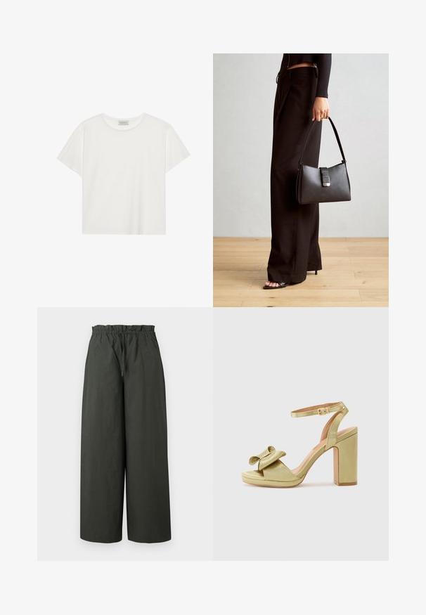 Witte T-shirt met korte mouwen, gemaakt van zachte katoen. Heeft een ronde halslijn en een relaxte pasvorm. Schoon ontwerp zonder zichtbare patronen of accenten.; Wijde broek in donkergroene stof, met een elastische tailleband en een gladde textuur, zonder zichtbare hardware of patronen.; Groene satijnen hoge hak sandaal met een strikdetail op de voorband, verstelbare enkelband en een chunky vierkant hak.; Zwarte handtas met gestructureerde vorm, gladde textuur en een metalen sluiting. Gecombineerd met brede zwarte broeken en sandalen met open teen op een houten vloer.