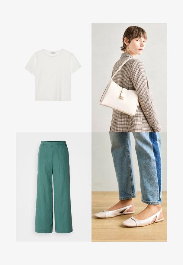 Tricou alb cu mânecă scurtă, made din bumbac moale. Are un guler rotund și o croială lejeră. Design curat, fără modele sau accente vizibile.; Pantaloni cu picioare largi, de culoare teal solidă, cu un bretele elastic și un material ușor, texturat. Potriviți pentru ținute casual.; Sandalete plate de un roz pal cu vârf ascuțit, realizate dintr-un material asemănător pielii, neted. Prezintă detalii decupate pe laterale și un toc plat.; Geantă de mână din piele albă cu un design structurat, având o închidere magnetică și un breteau, expusă pe un fundal neutru.