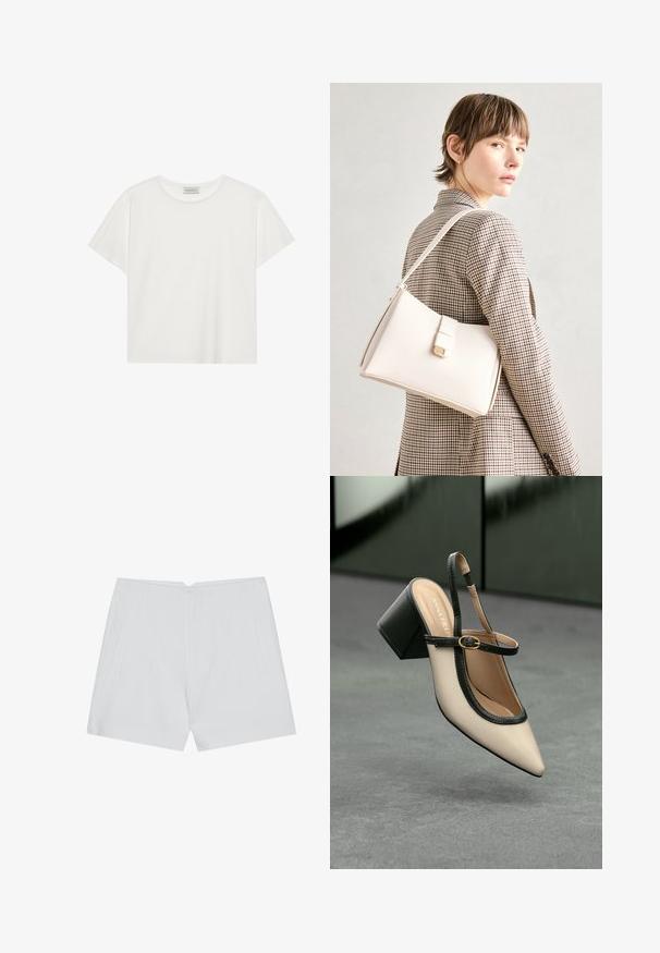 Valge lühikeste varrukatega t-särk, mis on valmistatud pehmest puuvillast. Omab ümmargust kaelust ja mugavat lõiget. Puhtad jooned, ilma nähtavate mustrite või aktsentideta.; Valged lühikesed püksid, millel on kohandatud disain, sirge été, kaks küljetaskut ja puhas serv. Valmistatud siledast kangast, millel pole nähtavaid mustreid.; Beesidega teravatoe slingback king, musta äär ja kuldne pandla, tummise plokk-kontsa peal hallil põrandal tumesinise tausta ees.; Valge nahast käekott struktureeritud disainiga, millel on magnetlukk ja õlavarre rihm, esitletud neutraalse tausta ees.