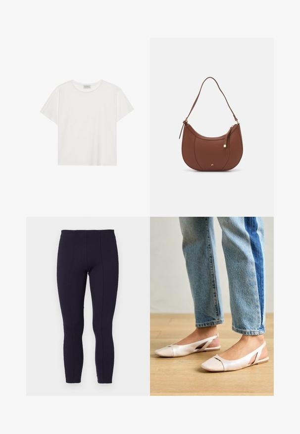Fehér, rövid ujjú póló, puha pamutból készült. Kerek nyakkivágással és laza szabással rendelkezik. Tiszta dizájn, látható minták vagy díszítések nélkül.; Tengerészkék leggings rugalmas anyagból, varrás nélküli kialakítással, elöl függőleges varrásokkal, amelyek növelik a struktúrát.; Világos rózsaszín slingback laposlábú cipők, hegyes orral, sima bőrhatású anyagból készült. Oldalt kivágott részletek találhatók rajta, valamint lapos sarkú.; Barna műbőr válltáska ívelt formával, minimális varrással és arany színű kiegészítőkkel. Jellemzője a felső cipzáras záródás és állítható pánt.