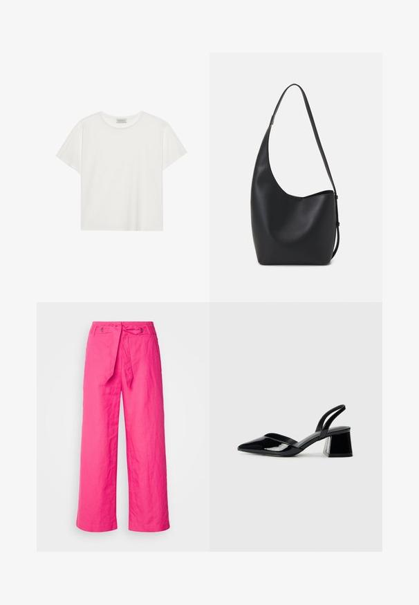 T-shirt blanc à manches courtes en coton doux. Présente un col rond et une coupe décontractée. Design épuré sans motifs ni accents visibles.; Pantalons larges en lin rose avec une taille à nouer, présentant une surface texturée et des accents en métal au niveau de la taille.; Escarpins en cuir verni noir avec bout pointu et talon bloc géométrique. Présente un design élégant et minimaliste ainsi qu'une texture lisse.; Sac hobo en cuir noir avec une texture lisse, une forme incurvée et une seule sangle réglable ; dispose d'une large ouverture en haut.