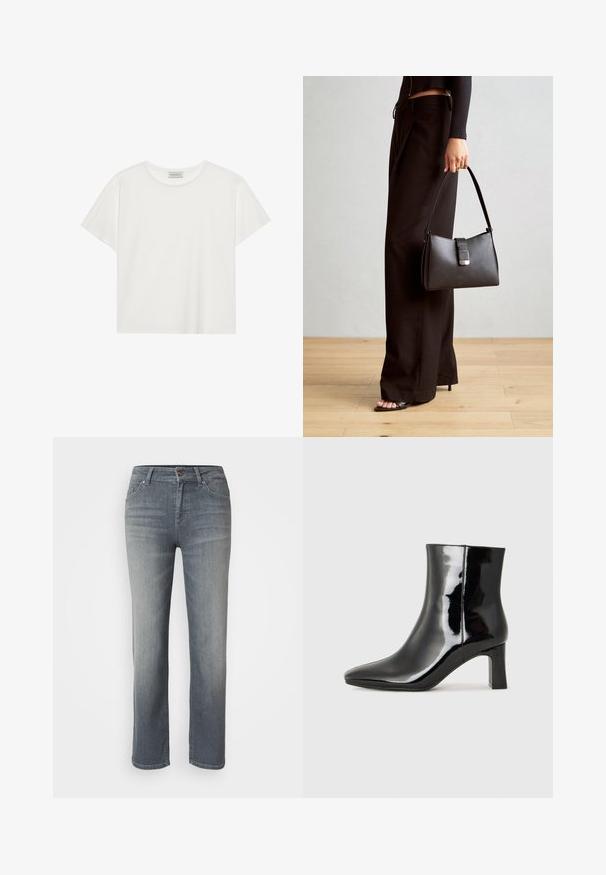 Valge lühikeste varrukatega t-särk, mis on valmistatud pehmest puuvillast. Omab ümmargust kaelust ja mugavat lõiget. Puhtad jooned, ilma nähtavate mustrite või aktsentideta.; Hallide denim püksid otse lõikega, viie taskuga disain, nööbi ja tõmbluku sulgemine ning kergelt pleekinud viimistlus.; Must-sinine nahkjalats musta läikiva viimistlusega, millel on terav nina ja keskmise kõrgusega plokk konts. Sile tekstuur ja minimalistik disain.; Must musta kott, millel on struktureeritud kuju, sile tekstuur ja metallist klamber. Kombineeritud laiate mustade pükstega ja avatud varvaste sandaalidega puidust põrandal.