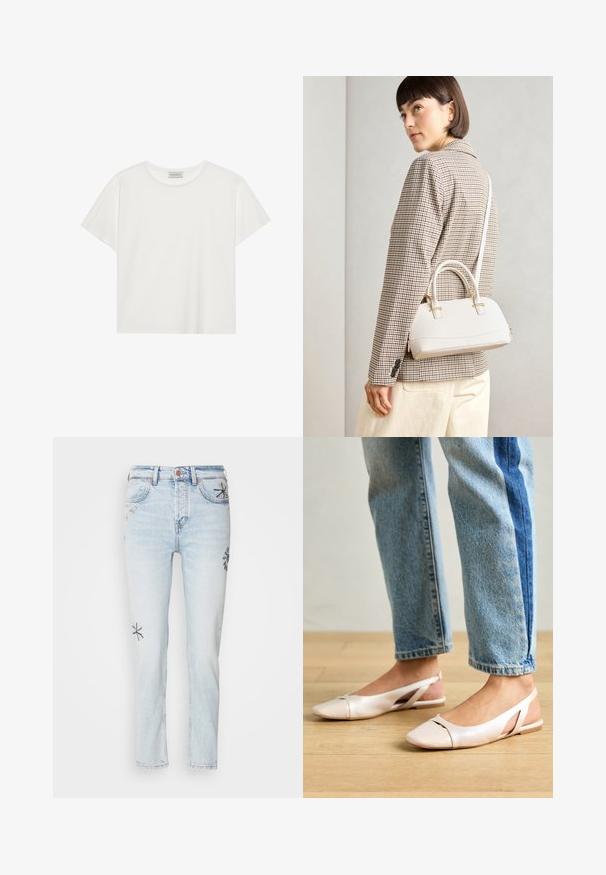 Hvit T-skjorte med kort erm laget av myk bomull. Har rund hals og avslappet passform. Rent design uten synlige mønstre eller aksenter.; Lys blå denimjeans med rett fit, med dekorativ blomsterbroderi i mørkere blått og gult på beina. Klassisk fem-lomme design.; Lys rosa slingback leiligheter med spiss tå, laget av et glatt, læraktig materiale. Har utskjæringer på sidene og lav hæl.; Hvit strukturert håndveske med korte håndtak og skulderreim, med detaljer i gullfinish og teksturert materiale, vist mot en grå bakgrunn.