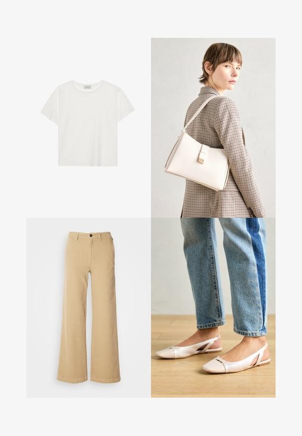 White short-sleeve T-shirt made of soft cotton. Features a round neckline and relaxed fit. Clean design with no visible patterns or accents.; Beige wide-leg pants made of cotton blend, featuring a front button closure, belt loops, and stitched detailing along the seams.; Pale pink slingback flats with a pointed toe, made from a smooth leather-like material. Features cut-out details at the sides and a flat heel.; White leather handbag with a structured design, featuring a magnetic clasp and a shoulder strap, showcased against a neutral background.