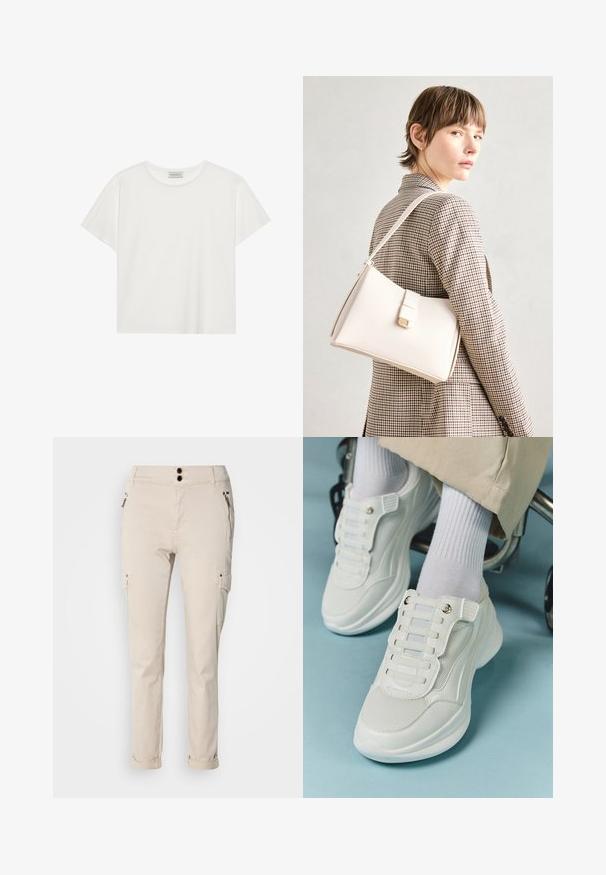 Bela kratkotrajna majica s kratkimi rokavi, narejena iz mehke bombažne tkanine. Ima okroglo ovratnico in sproščen kroj. Čist dizajn brez vidnih vzorcev ali akcentov.; Bež cargo hlače s ozkim krojem, ki imajo dva sprednja žepka z zadrgo in stranske cargo žepke. Material izgleda mehak z rahlim sijajem.; Bele teniske z mrežastim materialom, gumene podplate, brez vezalk, z elastikami in zlatimi akcenti.; Bela usnjena torba s strukturirano zasnovo, opremljena z magnetnim zapiranjem in naramnico, prikazana na nevtralni ozadju.