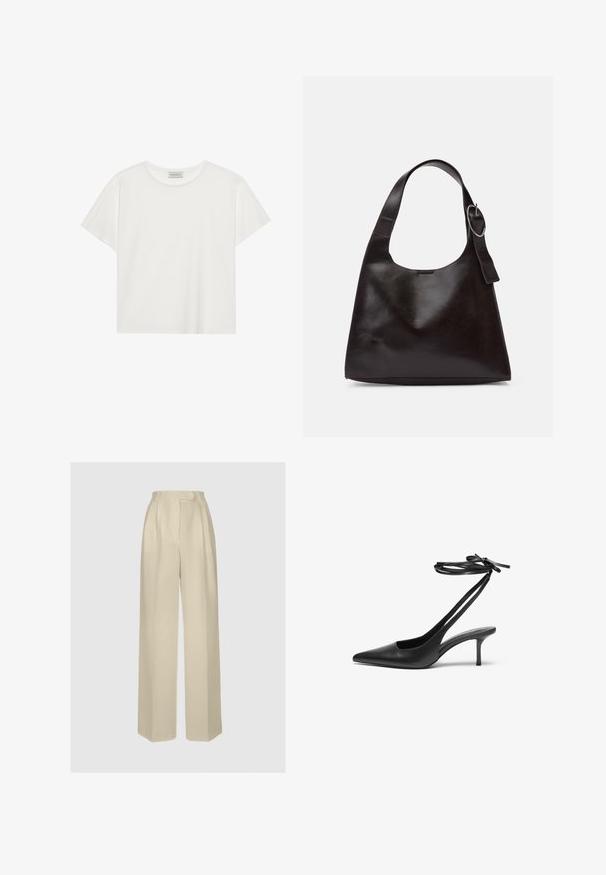 Valge lühikeste varrukatega t-särk, mis on valmistatud pehmest puuvillast. Omab ümmargust kaelust ja mugavat lõiget. Puhtad jooned, ilma nähtavate mustrite või aktsentideta.; ANDIATA GYTTA - Püksid - champagne; Must musta stiletto kingad terava ninaga, avatud seljaosa ja pahkluu rihmadega, mis on seotud kaareks. Kitsa 3-tollise kontsaga. Sile tekstuur, minimalistlik disain.; Pruun nahkne õlakott sujuva tekstuuriga, ümar kuju, laia rihmaga ja ümara metallise aktsendiga käepidemel.