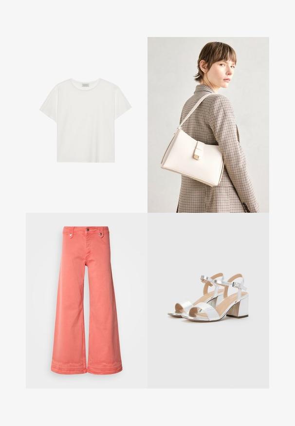 Tricou alb cu mânecă scurtă, made din bumbac moale. Are un guler rotund și o croială lejeră. Design curat, fără modele sau accente vizibile.; Pantaloni largi corali din bumbac, cu cinci buzunare, accesorii din metal și un finisaj curat la tivuri. Prezentând un sistem clasic de închidere cu buton și fermoar.; Sandale argintii cu toc înalt, cu vârful deschis, având două curele late și un toc pătrat rotunjit. Textură netedă cu finisaj metalic.; Geantă de mână din piele albă cu un design structurat, având o închidere magnetică și un breteau, expusă pe un fundal neutru.