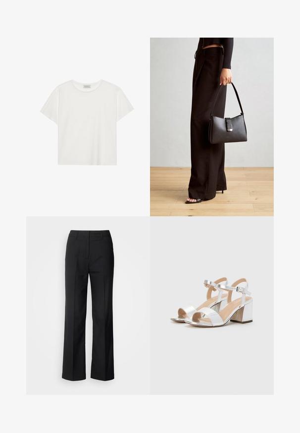 Weißes T-Shirt mit kurzen Ärmeln aus weicher Baumwolle. Verfügt über einen runden Halsausschnitt und eine lockere Passform. Sauberes Design ohne sichtbare Muster oder Akzente.; Scotch & Soda CORE EDIE - Stoffhose - black; Silberne High-Heels Sandalen mit offenen Zehen, ausgestattet mit zwei breiten Riemen und einem abgerundeten Blockabsatz. Glatte Textur mit metallic Finish.; Schwarze Handtasche mit strukturierter Form, glatter Textur und einem metallischen Verschluss. Kombiniert mit weiten schwarzen Hosen und offenen Sandalen auf einem Holzboden.