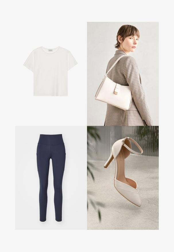 White short-sleeve T-shirt made of soft cotton. Features a round neckline and relaxed fit. Clean design with no visible patterns or accents.; Nike Performance ONE 7/8 - Leggings - obsidian; White high-heeled shoe in smooth material with pointed toe and ankle strap. Features a light tan interior and gold-tone hardware accent.; White leather handbag with a structured design, featuring a magnetic clasp and a shoulder strap, showcased against a neutral background.