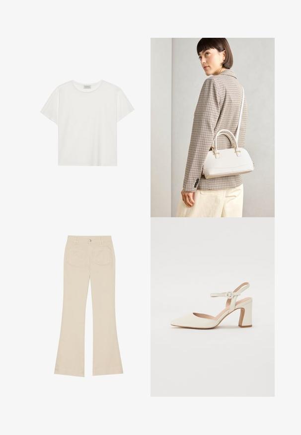 Valkoinen lyhythihainen T-paita, joka on valmistettu pehmeästä puuvillasta. Siinä on pyöreä kaula-aukko ja rento istuvuus. Siisti muotoilu ilman näkyviä kuvioita tai yksityiskohtia.; Beige leveled pants dengan pinggang tinggi, terbuat dari kain katun. Memiliki saku depan dan belakang, loop sabuk, dan satu kancing perak.; Kape avokado, kremvärdig pumps med blockklack. Utrustad med ett tunt ankelsnöre med en rund spänne och en slät lädertextur.; Valkoinen rakenteellinen käsilaukku, jossa on lyhyet kahvat ja olkahihna, varustettu kultaisilla metalliosilla ja tekstuurilla, esillä harmaata taustaa vasten.