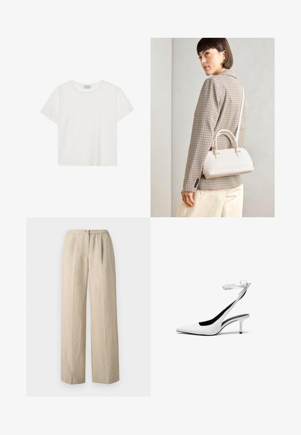 Balta trumpa rankovė T-marškiniai, pagaminti iš minkštos medvilnės. Charakterizuojami apvali kaklo iškirpte ir laisvu siluetu. Švarus dizainas be matomų raštų ar akcentų.; Šviesiai rudos, plačių kojų kelnės, pagamintos iš minkštos medžiagos su surinktu elastingu juosmeniu ir priekiniais mygtukais. Lygi tekstūra su klostėmis.; Balti smaili ovalo pirštai su banguota atvira užsegimo juosta. Lygi odinė medžiaga, plonas stiletto kulnas ir juodas vidinis pamušalas.; Balta struktūruota rankinė su trumpomis rankenomis ir peties diržu, su auksinėmis detalėmis ir tekstūruota medžiaga, pastatyta prieš pilką foną.