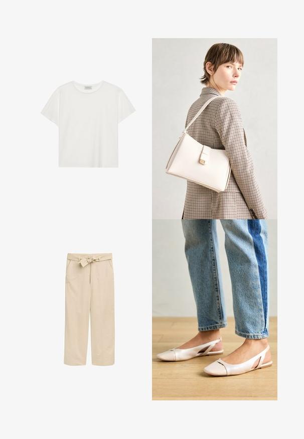 Balta trumpa rankovė T-marškiniai, pagaminti iš minkštos medvilnės. Charakterizuojami apvali kaklo iškirpte ir laisvu siluetu. Švarus dizainas be matomų raštų ar akcentų.; Bežinės plačios kelnės su tekstūruotu diržu, turinčios dvi šonines kišenes ir švarų kraštą. Pagamintos iš lengvos medžiagos komfortui.; Šviesiai rožiniai slingback baleto bateliai su smailiu pirštu, pagaminti iš lygios odai panašios medžiagos. Yra išpjovimų detalės šonuose ir plokščias kulnas.; Balto odos rankinė su struktūrizuotu dizainu, turinti magnetinį užsegimą ir petnešą, demonstruojama prieš neutralią foną.