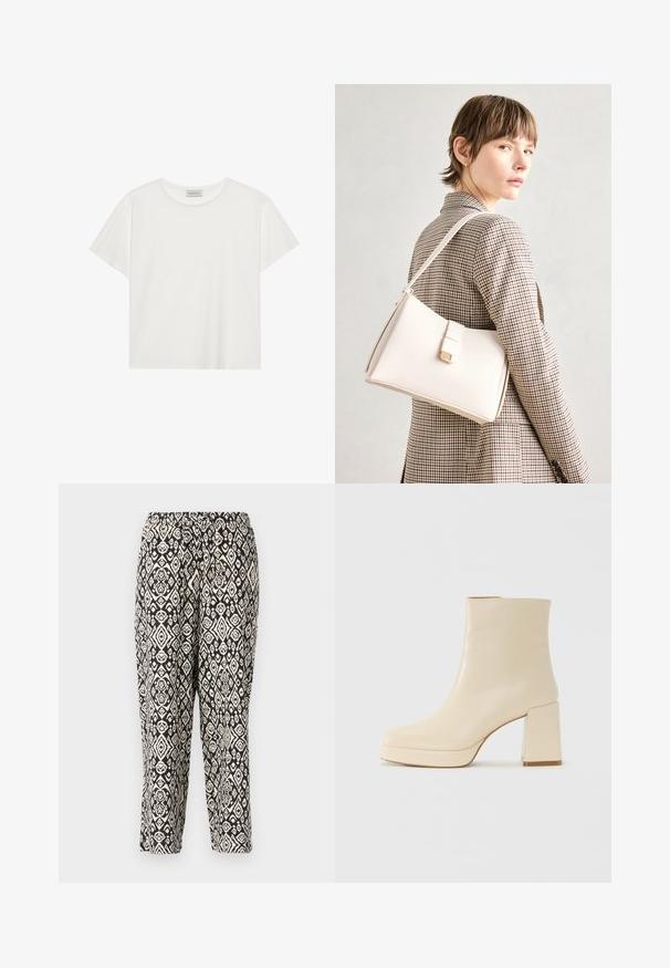 Valge lühikeste varrukatega t-särk, mis on valmistatud pehmest puuvillast. Omab ümmargust kaelust ja mugavat lõiget. Puhtad jooned, ilma nähtavate mustrite või aktsentideta.; Mustard ja kreemiga mustriga püksid. Omavad elastsest materjalist vöökohta ning korduvat geomeetrilist disaini, millel on diamondid ja lillemotiivid.; Beige nahkaste kõrged saapad plokknõelaga ja platvormpõhjaga, siledat viimistlust ja kergelt ruudukujulist varvatoe, vasakul valgel taustal.; Valge nahast käekott struktureeritud disainiga, millel on magnetlukk ja õlavarre rihm, esitletud neutraalse tausta ees.